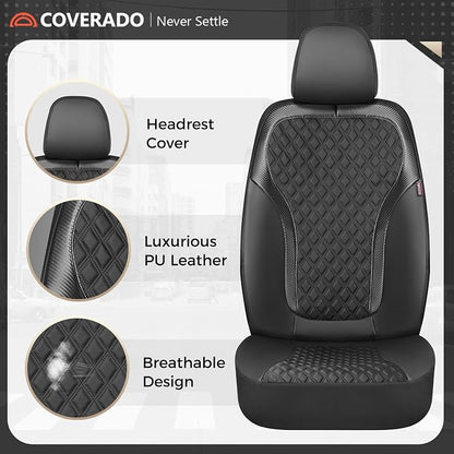 Coverado Front Seat Covers, 2-Pack Luxury Diamond Leather Car Seat Cover with Carbon Fibre Weave, Spill-Proof Driver Car Seat Protectors, Waterproof Seat Covers Universal Fit for Most Cars, Black - Image 5