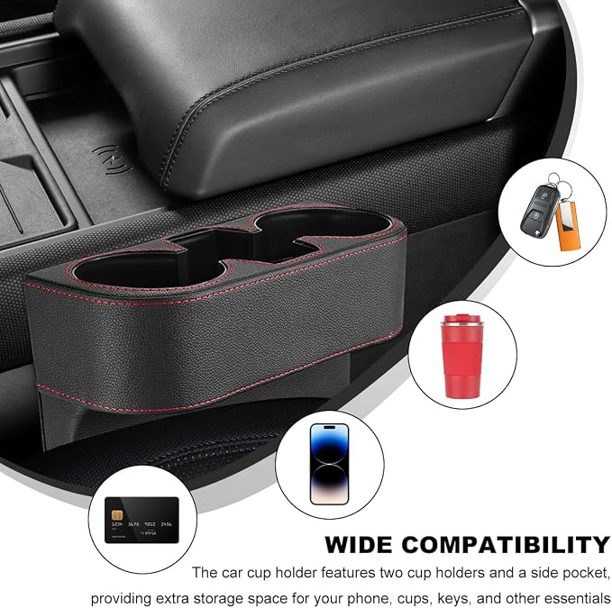 Car Seat Gap Filler Organizer, Multifunctional Auto Console Side Storage Box with Cup Holder, Universal Leather Cup Holder Front Seat Crevice Filler for Car Truck SUV (Black) - Image 5