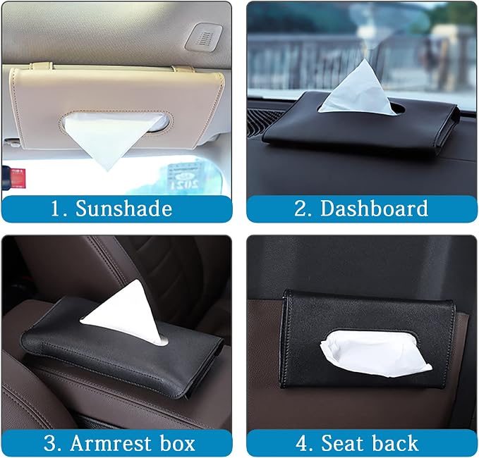2PCS Car Tissue Holder Sun Visor Napkin Holder with Tissue Car Mask Holder | Refill Car Mask Holder PU Leather Tissue Box Tissue Box Holder Hanging Tissue Holder Mask Dispenser for Car - Image 3