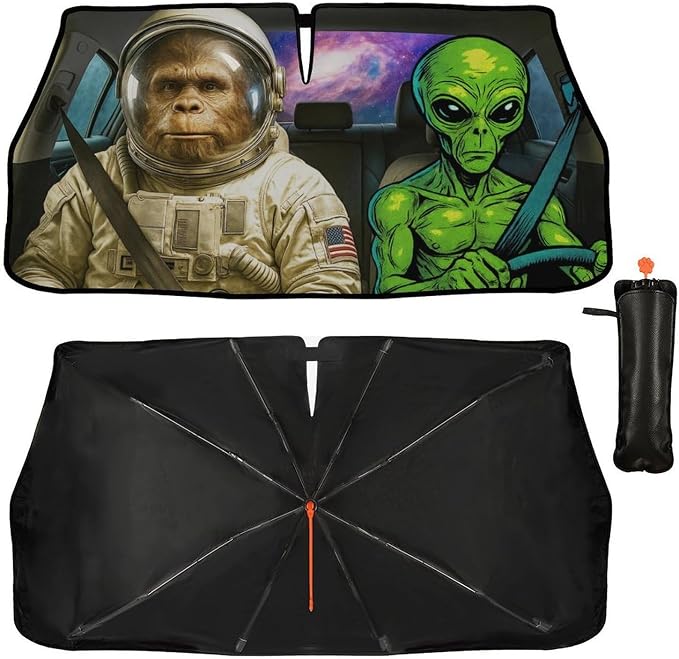 Funny Alien Astronaut Car Windshield Sun Shade Umbrella Bendable Handle Foldable Funny Sunshade for Car Windshield Block UV Rays Keep Vehicle Cool for Most Sedans SUV Trucks Cars 57"x30" - Image 2
