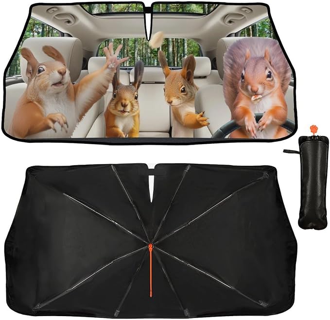 Funny Squirrel Car Windshield Sun Shade Umbrella Automotive Windshield Sunshade Foldable Front Car Accessories Interior Decor to Keep Vehicle Cool for Most Vehicles 57'' X 30'' - Image 5