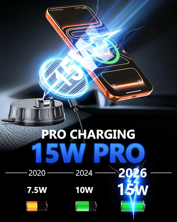 15W MagSafe Car Charger Mount, Magnetic Wireless Car Phone Holder with Dual Input Port, Vacuum Suction & Nano Adhesive Base, 360° Rotation Stable Car Charging Stand for iPhone 12-17, Samsung S26 - Image 2
