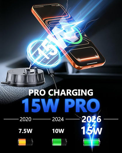 15W MagSafe Car Charger Mount, Magnetic Wireless Car Phone Holder with Dual Input Port, Vacuum Suction & Nano Adhesive Base, 360° Rotation Stable Car Charging Stand for iPhone 12-17, Samsung S26 - Image 2