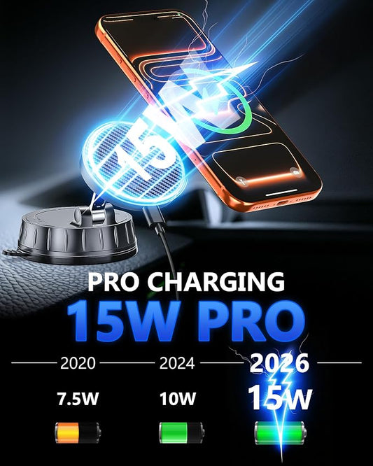 15W MagSafe Car Charger Mount, Magnetic Wireless Car Phone Holder with Dual Input Port, Vacuum Suction & Nano Adhesive Base, 360° Rotation Stable Car Charging Stand for iPhone 12-17, Samsung S26 - Image 2