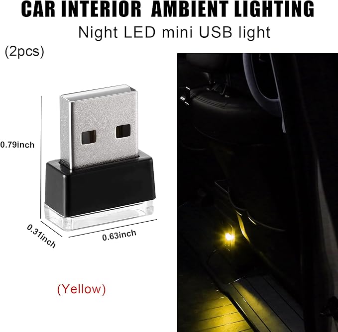 2 PCS USB LED Car Interior Atmosphere Lamp, Portable Mini LED Night Light, Plug-in USB Interface Trunk Ambient Lighting Kit, Universal Interior Car Accessories (Yellow) - Image 2