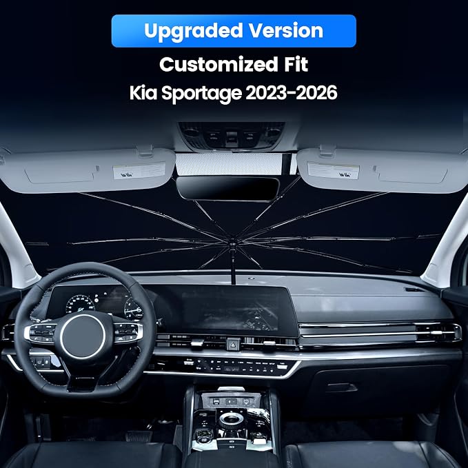 Windshield Sun Shade Umbrella for Kia Sportage 2023 2024 2025 2026 Accessories, Upgraded HUPF 50+ Ice Crystal Coating Car Front Window Sunshade with 360° Bendable Shaft & Mirror Cutout - Image 2