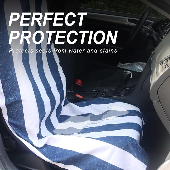 Sweat Towel Car Seat Cover Protector Front Seats for Gym Workout, Running, Swimming, Beach and Hiking, Waterproof Universal Seat Cover for Car, Trucks, Van & SUV (2, White/Blue Stripe, Front) - Image 2
