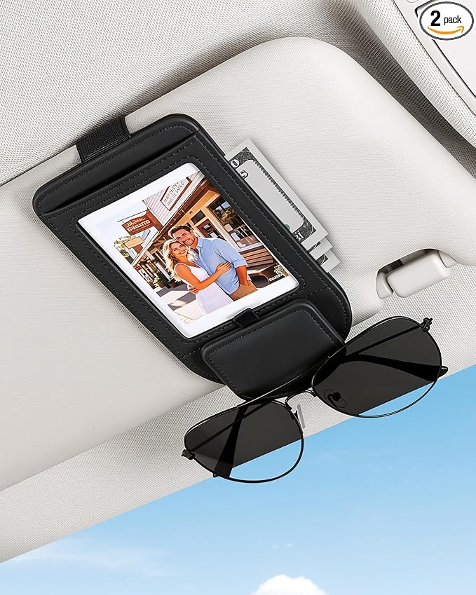 Car Visor Sunglasses Holder, 3 in 1 Glasses Clip with Photo Picture Display & Extra Storage Pocket, Anti-Slip Universal Sun Visor Organizer, 2026 Upgraded (2, Black) by Automotiveinterior