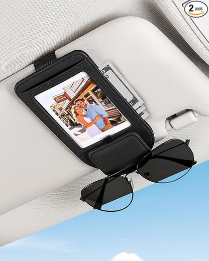 Car Visor Sunglasses Holder, 3 in 1 Glasses Clip with Photo Picture Display & Extra Storage Pocket, Anti-Slip Universal Sun Visor Organizer, 2026 Upgraded (2, Black) by Automotiveinterior