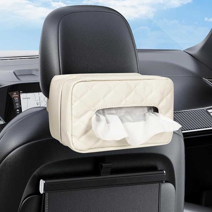 Car Tissue Holder - Standard Pu Leather Napkin Holder for Backseat, Extra Large Organization Fits 120-230 Tissues Per Box, 9.84'' X 4.72'' X 5.91'', Beige by VETERBONE