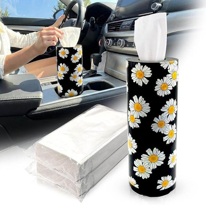 Car Tissues Cylinder for Cup Holder - Refillable Round Tissues Canister with 2 Packs Tissue - Boho Floral Car Interior Accessories for Women & Men - Cute Flower Cars Decorations (Daisy) by Unknown