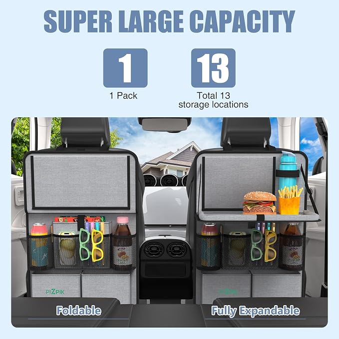 Car Backseat Organizer with Tablet Holder,11 Storage Pockets with Foldable Food Tray, Protector Kick Mats for Kids, Travel Accessories Organizer (Gray, 1Pack) - Image 2