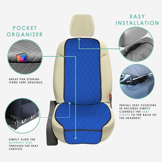 FH Group Car Seat Cushion – Neosupreme Single Front Seat Cover with Front Pockets, Airbag Compatible, Universal Fit Car Seat Cushion for Driver or Passenger Seat, SUV, Truck, Sedan & Van – Blue - Image 4