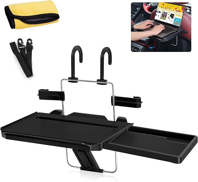 VarCozy Car Steering Wheel Tray, Foldable Hanging Rear Headrest Car Tray with Expandable Tray and Beverage Cup Slot, Portable Car Desk for Laptop Work, Eating, Drinking, and Doodling by VarCozy
