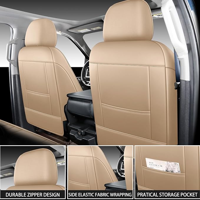 MINGBRON F150 Front Seat Covers, 360° Full Coverage Leather Car Seat Protector Fit for Ford F150 2009-2026&F250 F350 F450 2017-2025 All Cab XL XLT Lariat King Ranch Platinum (Front Pair/Beige) - Image 4