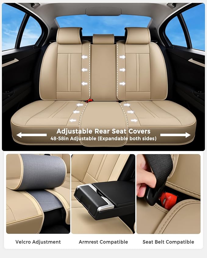 Huidasource Beige Seat Covers Luxury Nappa Leather, Car Seat Cover with Velcro Adjustable, Airbag, Lumbar Support, Cooling＆Heating, Automotive Seat Covers Universal Fit for Most Cars SUV Trucks Beige - Image 3