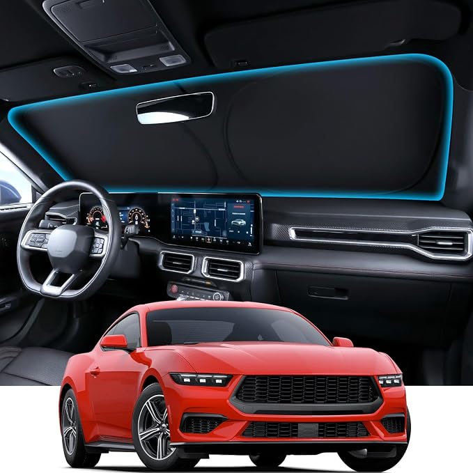 Wigoo for Ford Mustang Windshield Sunshade, Custom Fit, Keeps Interior Cool | Custom Fit, Cooling Tech Fabric, Foldable Heat-Blocking Sunshade with Storage Bag, for Ford Mustang 2015-2026 Accessories by wigoo
