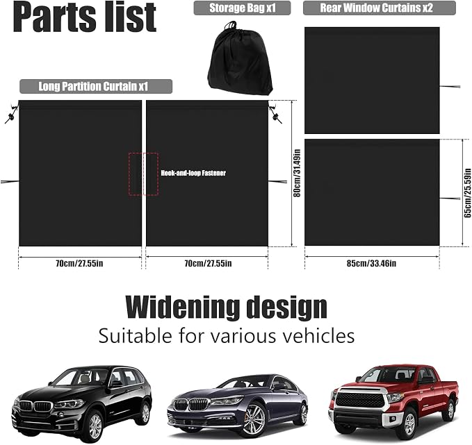 Car Privacy Curtains for Windows - 3Pcs Blackout Car Divider Curtain and Side Window Shades, Light Blocking Rear Seat Cover for Camping Sleeping Nap, Universal Fit Sedan SUV Truck - Image 2