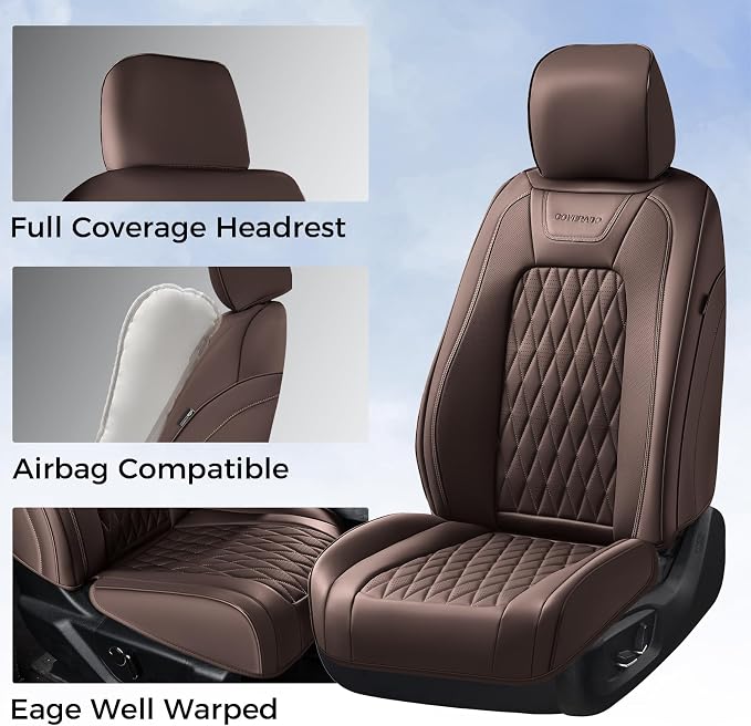 Coverado Premium Leather Full Set Seat Covers Waterproof Heavy-Duty Protectors Custom Fit for Ford F150 (2015-2026) F250/F350/F450 (2017-2026)-Coffee, Vintage Style, Scratch-Resistant - Image 4