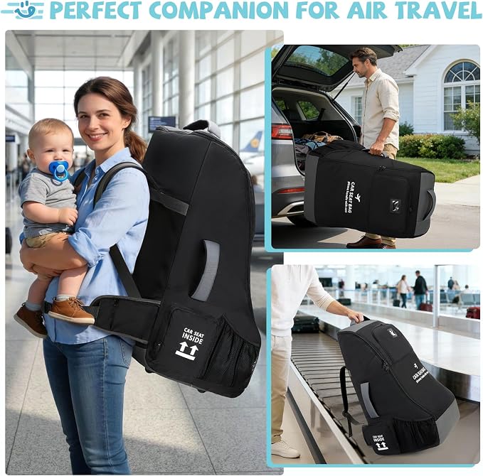 RAINSMORE Padded Car Seat Travel Bag for Airplane Car Seat Backpack, Black | Fits Infant Carrier & Boosters, Heavy-Duty Car Seat Cover for Air Travel Gate Check Carrier Bags for Airport with Side Pocket - Image 6