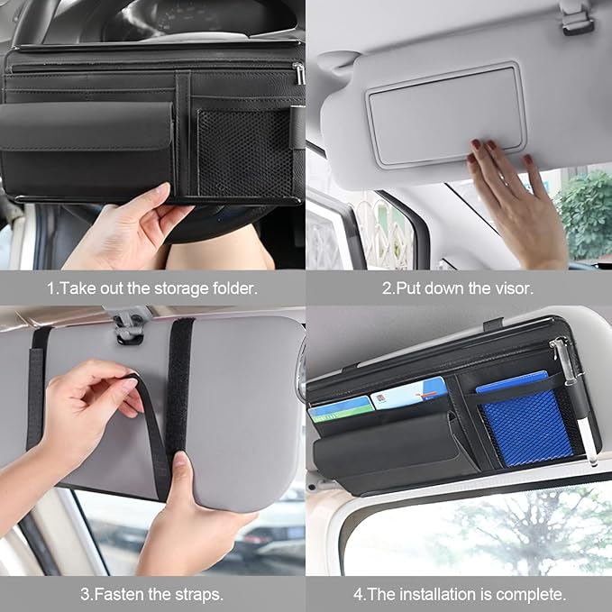 Zipelo 12.2 x 6.5 Inch PU Leather Car Sun Visor Organizer, Brown | ABS backing, mesh and zipper pockets, holds cards glasses pens and cables, dual elastic strap mounting, fits most sunshades - Image 5