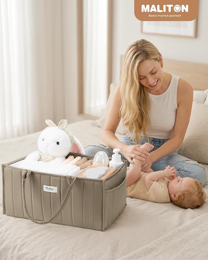 Maliton Baby Diaper Caddy Organizer for Changing Table, Brown | Portable Car Diaper Organizer Caddy with 2 Side Pockets - Versatile Storage Basket for Wipes and Baby Essentials - Image 5