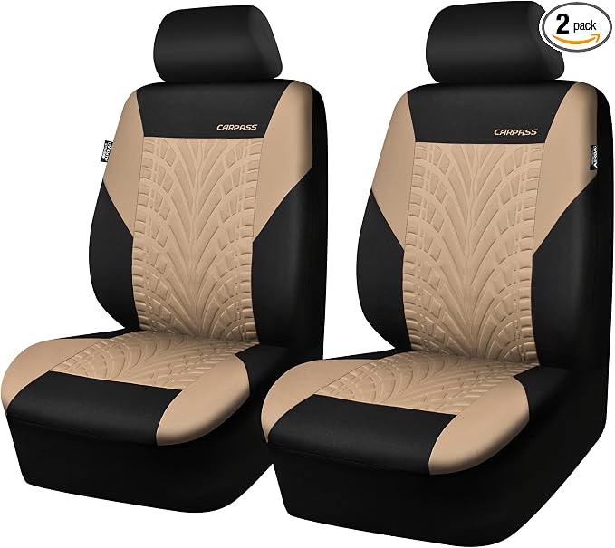 CAR PASS Car Seat Covers Two Front Only for Car, 3D Tyre Print Automotive Interior Covers, Airbag Compatible, Quick Setup Universal Fit Seat Covers for Car, Truck, SUV(Black and Beige) by CARPASS