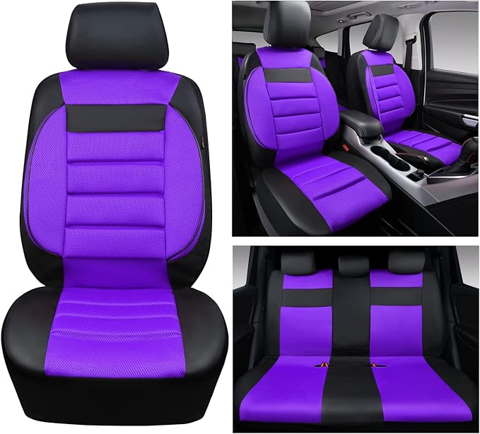 CAR PASS Leather 3D Foam Back Support Car Seat Covers Full Set Air Mesh Automotive Seat Covers, All Season Car Seat Cover Fit Automotive,SUV,Sedan,Van, Airbag Compatible Elegance (Black Purple) - Image 2