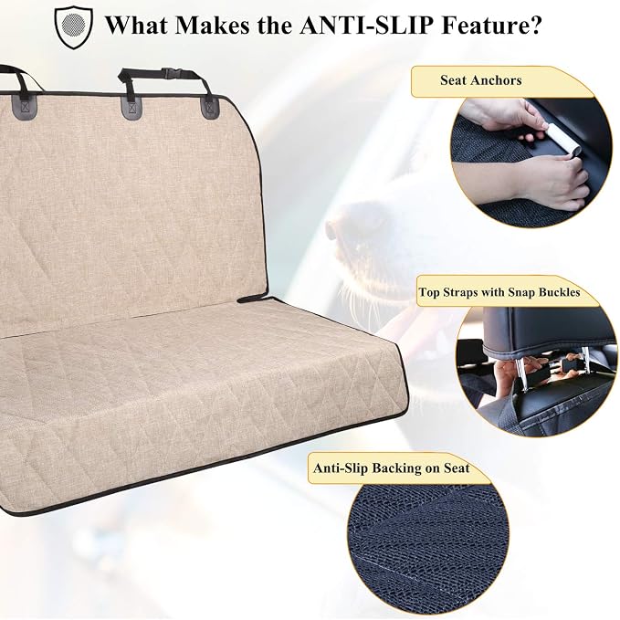 VIVAGLORY Dog Seat Cover Pet Seat Protector, Large, Heather Khaki | Backseat Cover for Car Suv & Truck, Back Rear Backseat Bench Protector - Image 3