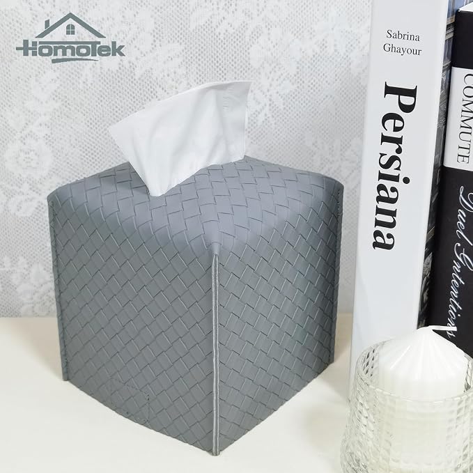 HOMOTEK 2 Pack Tissue Box Cover,PU Leather Tissue Holder,Square Decorative Facial Tissue Cube Paper Organizer Dispenser for Bathroom, Night Stands, Desk, Car 5X5X5'' - Woven Waffle,Light Gray - Image 4
