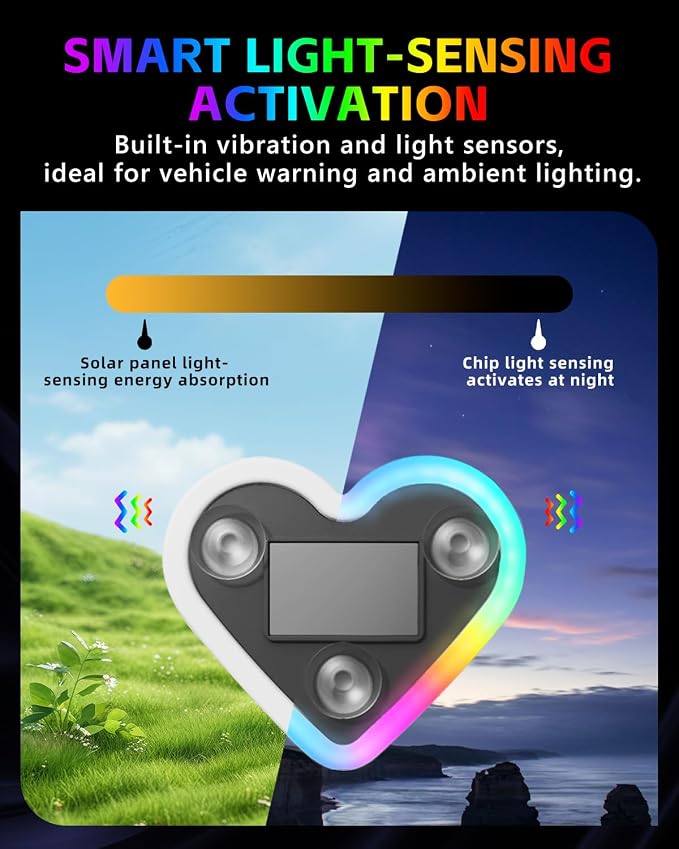 1PCS Car LED Ambient Lights, Car Triangle Window Solar-Powered Heart Shaped Atmosphere Light with 8 Switchable Lighting Modes, Rechargeable Romantic Neon Heart Light for Interior Car(Colorful) - Image 4