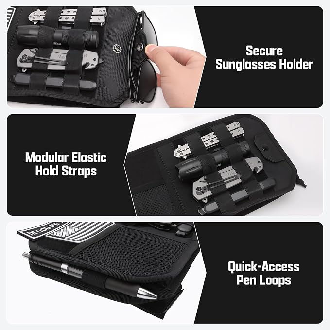 Heavy Duty MOLLE Sun Visor Organizer with Sunglasses Holder | Universal Tactical Organizer, MOLLE Panel, Mesh Pouch + Pen Slots + Zipper Pockets, 1000D Polyester, Esay Installation - Image 5
