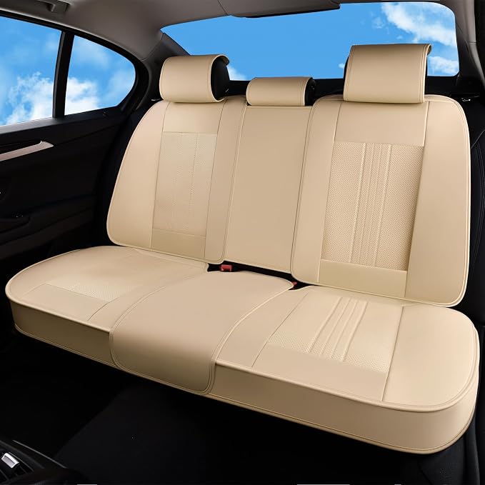 Huidasource Beige Back Seat Cover, Luxury Faux Leather Car Back Seat Cover, Velcro Adjustable, Compatible with Child Seat, Perforation Cooling＆Heating, Universal Fit for Most Cars Vans, Trucks, SUVs by Huidasource