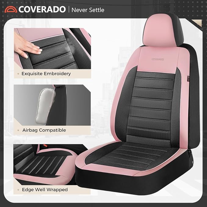 Coverado Car Seat Covers Full Set, Luxury Leather Car Seat Covers, Automotive Front and Rear Mesh Seat Covers, Full Set 5 Seats, Pink Black Seat Covers for SUV Sedan Truck - Image 6
