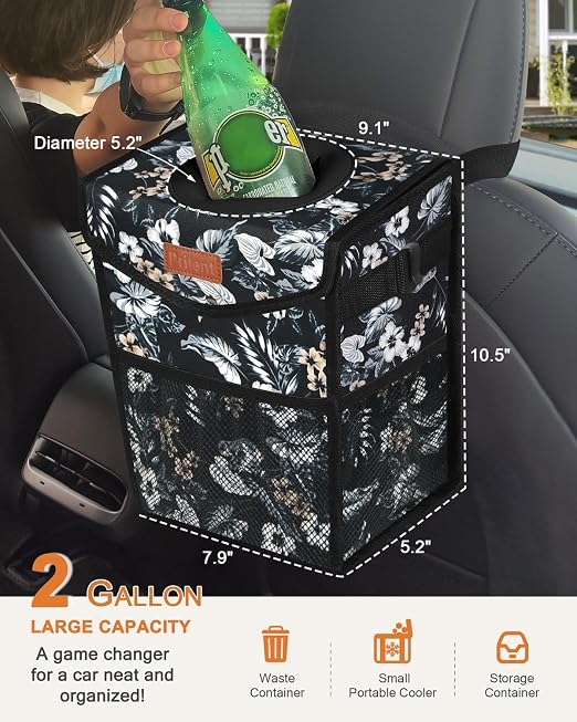 Pritent Car Trash Can with Lid Leakproof Car Garbage Bag Vehicle Trash Bin | Hanging Automotive Garbage Can,Multipurpose Car Accessories for Women Men Interior Car Storage Organizer(2 Gal,Lily Print) - Image 2