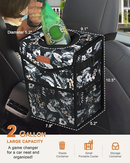 Pritent Car Trash Can with Lid Leakproof Car Garbage Bag Vehicle Trash Bin | Hanging Automotive Garbage Can,Multipurpose Car Accessories for Women Men Interior Car Storage Organizer(2 Gal,Lily Print) - Image 2