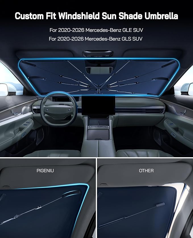 Pigenius Windshield Sun Shade Umbrella for Mercedes-Benz GLE SUV 2020-2026. Foldable Umbrella Sunshade with Silver Heat Shield to Keep Cool UDS - Image 2