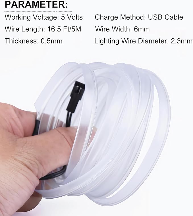 EL Wire Interior Car LED Lights, 16.5FT USB Ambient Lighting Strip, White | USB, Neon Glowing Strobing Electroluminescent Wire, 6mm Sewing Edge, Ambient Lighting Kit For Car Indoor Decoration - Image 4