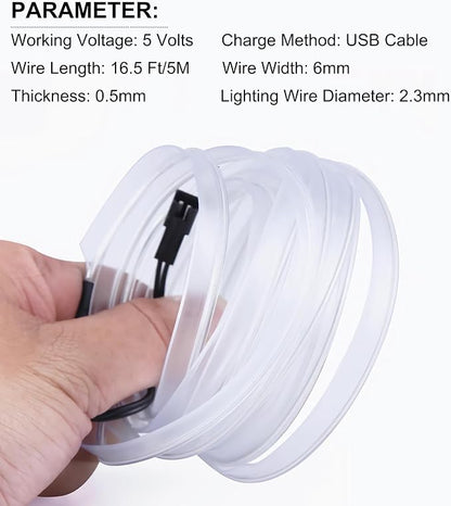 EL Wire Interior Car LED Lights, 16.5FT USB Ambient Lighting Strip, White | USB, Neon Glowing Strobing Electroluminescent Wire, 6mm Sewing Edge, Ambient Lighting Kit For Car Indoor Decoration - Image 4