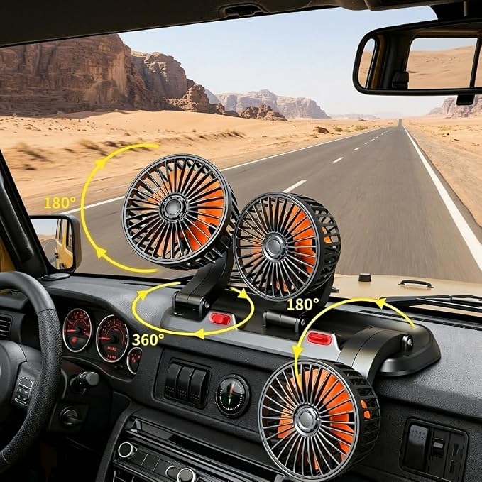 24V Heavy Duty Car Cooling Fan with Cigarette Lighter Plug, 3-Head High Speed Fan, 2-Speed Adjustable, 360° Rotating, Powerful Airflow for Semi Truck Tractor Bus RV Construction Vehicle - Image 2
