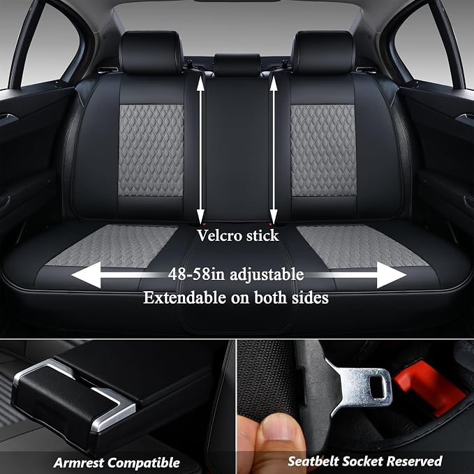 Coverado Leather Rear Seat Covers for Cars, Waterproof Back Seat Cover, Universal Automotive Seat Cushion Protector for Most Cars Trucks SUV (Black&Gray) - Image 2