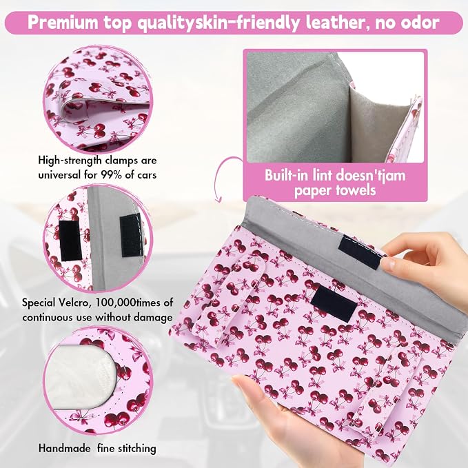 2 Pcs Sunglass Holder and 1Pcs Car Tissue Holder for Car,Magnetic Leather Sunglasses Holder Car Sun Visor Glasses Hanger Clip,Car Interior Accessories for Women(Pink Cherry) - Image 4