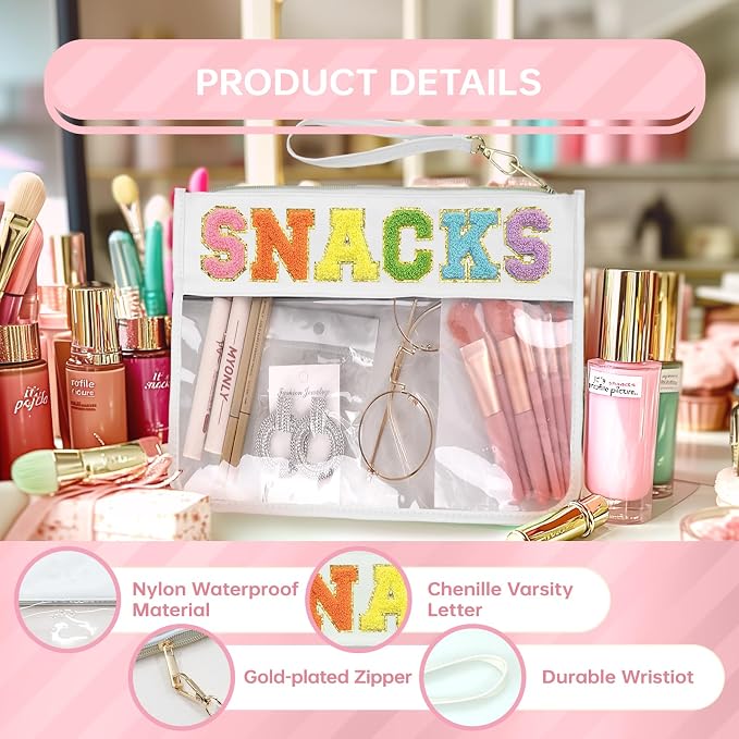 Siwara Snack Bags Clear Pouch Travel Makeup Bag Chenille Letter Bags for Zipper Pouch Clear Cosmetic Bag Clearly Tote Bag Makeup Travel Bags for Women - Image 3