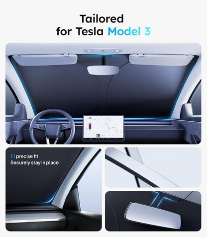 Wigoo for Tesla Model 3 Windshield Sunshade, OEM Design, 100% Sun Block | Custom Fit, Cooling Tech Fabric, Foldable Heat-Blocking Sunshade with Storage Bag, for Model 3 2017-2026 Accessories - Image 4