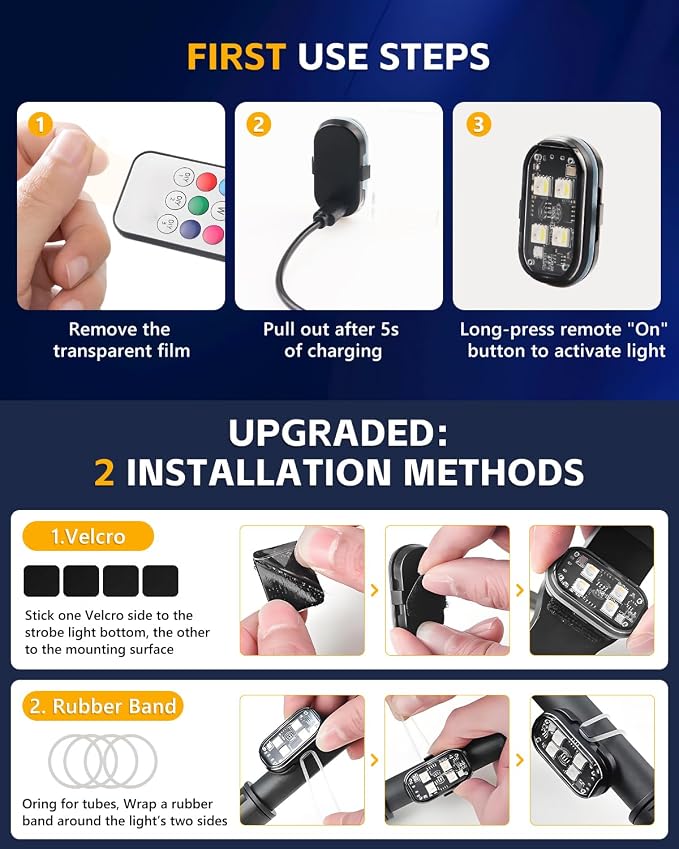 Upgraded 4PCS Wireless LED Strobe Lights for Car, 8 Colors Lights | Remote Control, Type-C charging Warning Light for Car Interior Motorcycle Drone Bike Decor - Image 9