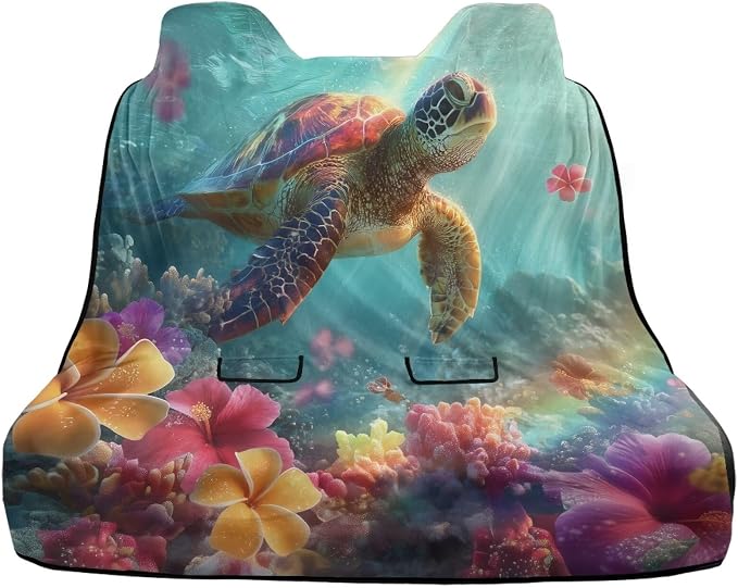 Turtle Hibiscus Plumeria Print Back Seat Cover for Car Trucks Van SUV, Waterproof Rear Bench Towel Seat Covers for Dogs and Kids, Sweat-Absorbent Automotive Backseat Protector - Image 2