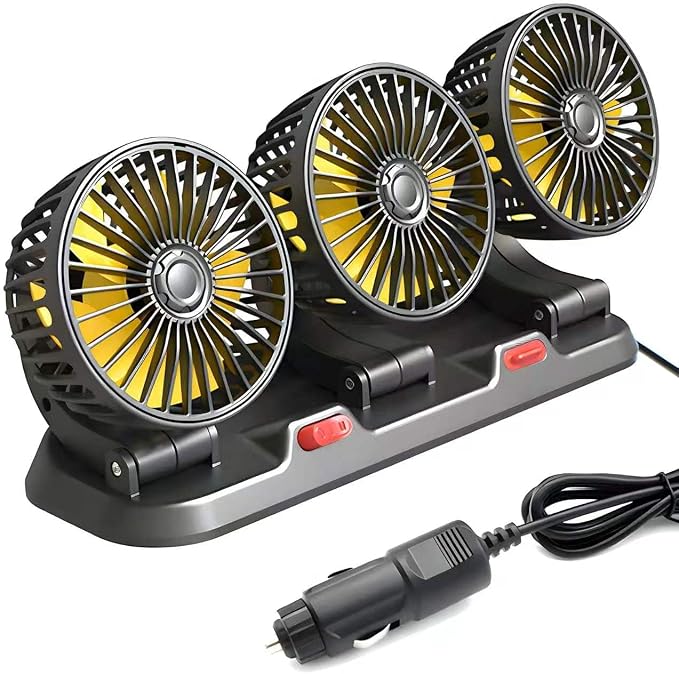 12V Car Fan Triple Head Electric Auto Fan - Powerful Dashboard Air Circulator with Cigarette Lighter Plug - 3 Speed 360° Rotatable Cooling Fan for Sedan SUV Van RV (Cigarette Lighter Plug-12V-Triple) by Unknown