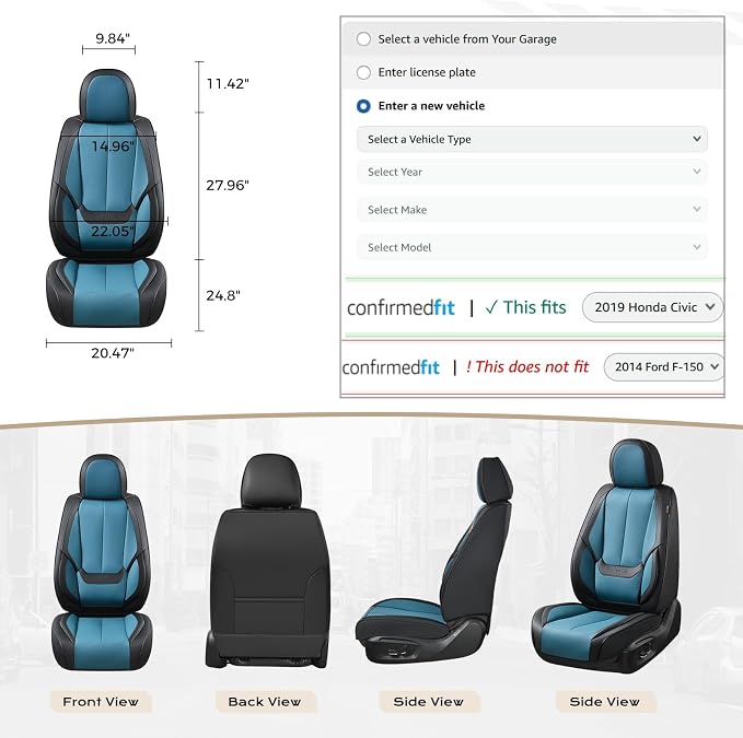 Coverado Seat Covers, Car Seat Covers Front Seats, Car Seat Cover, Car Seat Protector Waterproof, Car Seat Cushion Leather, Seat Covers Carseat Cover Universal Fit for Most Cars Black-Blue - Image 5