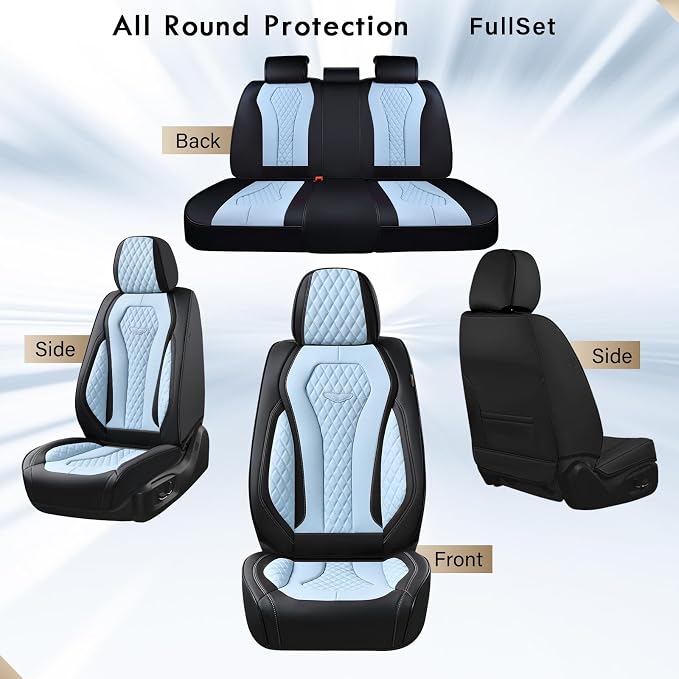 Coverado Auto Seat Covers, Car Seat Covers Full Set, Blue Car Seat Cover, Driver Seat Covers Front Seats Rear Seat Cover, Luxury Car Seat Cushion,Leather Seat Cover Seat Protector Fit for Most Cars - Image 5