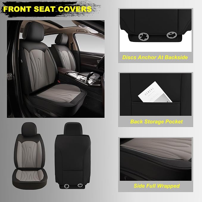 Front Seat Covers for Acura MDX 2004-2026 2027 Faux Leather | Waterproof Breathable Scratch Resistant 360° Wrap Airbag Compatible Easy Clean（2 Seats,Black & Grey) - Image 3
